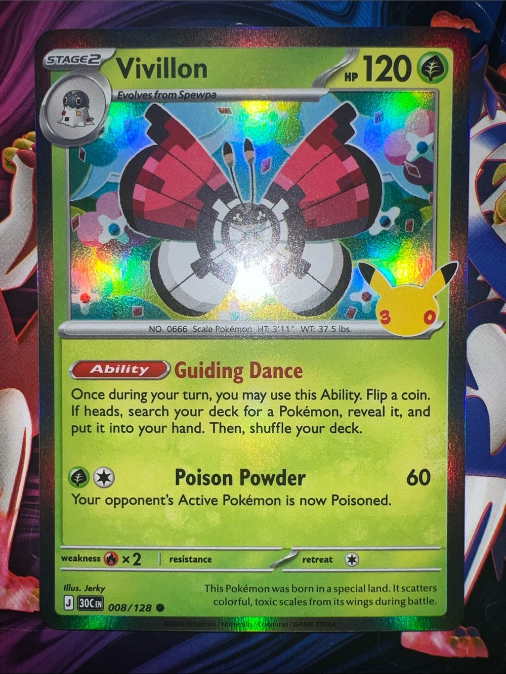 Pokemon Vivillon Holo Card with Pink Wings and Green Foil